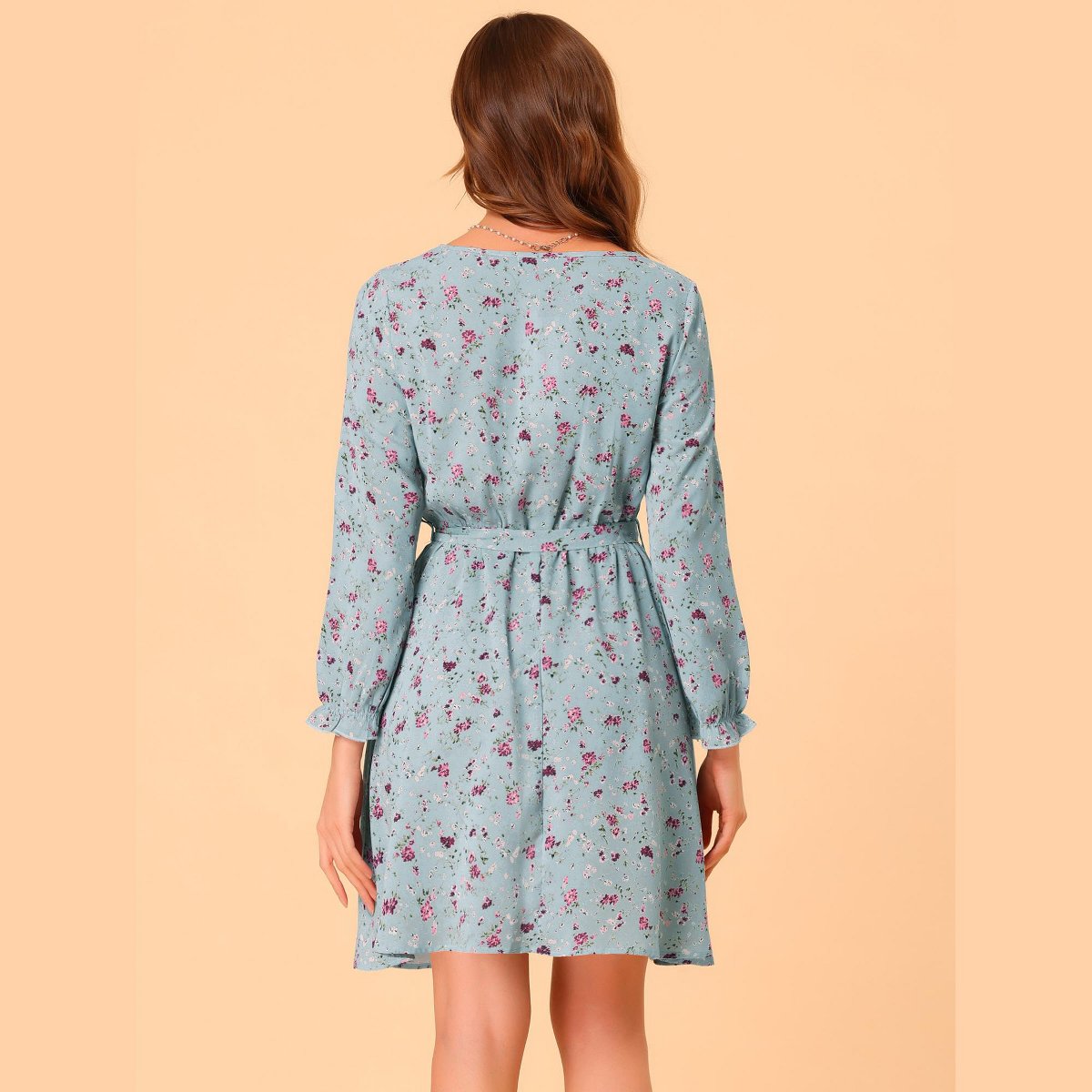Женские платья INSPIRE CHIC Women's Round Neck Long Sleeve Elastic Tie Waist Dress Small Powder Blue — фото 5