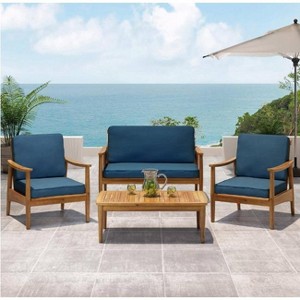 KWPZQEB Outdoor 4-seat Chat Set, Mid-Century Modern Teak Loveseat & Coffee Table & Club Chair with Dark Teal Cushion for Garden, Porch, Living Room - 1 of 4