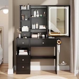Vanity Table With Cushioned Stool, Drawer Cabinet, 2 AC + 2 USB Socket, Rectangular Sliding LED Lighted Mirror With Tri-color Brightness Adjustable - 1 of 4
