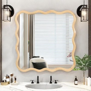 Vynxaria 36" x 36" Solid Wood Wavy Square Mirror - Natural Wall Decor for Bathroom, Bedroom, Living Room & Entryway - 1 of 4