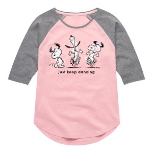 Girls' - Peanuts - Snoopy Just Keep Dancing Shirt Tail Raglan Graphic T-shirt - 1 of 4