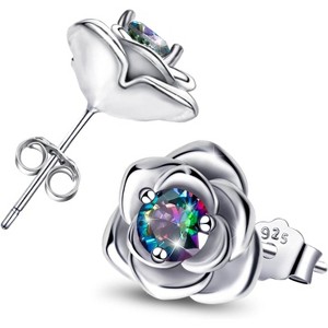 Sterling Silver Rose Earrings with Cubic Zirconia, Hypoallergenic Flower Studs for Women - 1 of 4