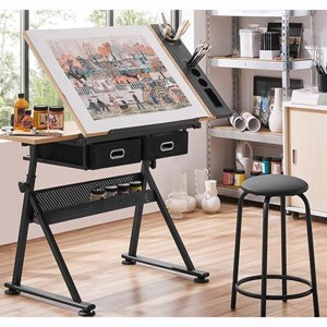 Height Adjustable Drafting Table, 0-75¡ã Tilting Drawing Table Art Desk for Adults, Artist Desk with 2 Storage Drawers with Stool for Home Office - 1 of 4