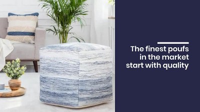 Bar Harbor 21" Blue and Ivory Cotton Pouf Ottoman