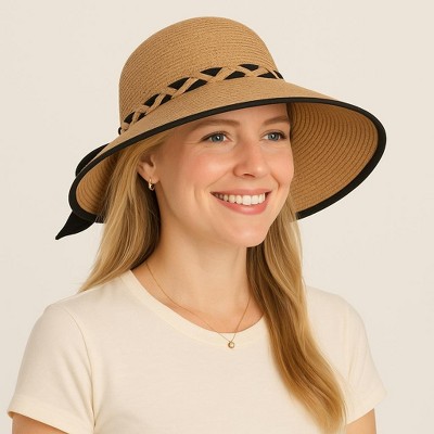 Anna-Kaci Women's Wide Brim Straw Hat with Braided Band and Contrast Bow Detail