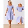 Allegra K Women's Smocked Gingham Square Neck Short Sleeve Casual Plaid Dress - 2 of 4