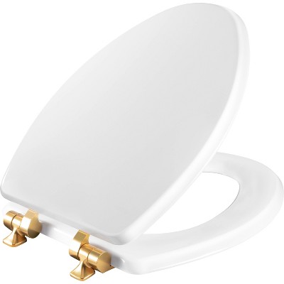 Photo 1 of Benton Soft Close Elongated Enameled Wood Toilet Seat Never Loosens Brushed Gold Hinge White - Mayfair by Bemis