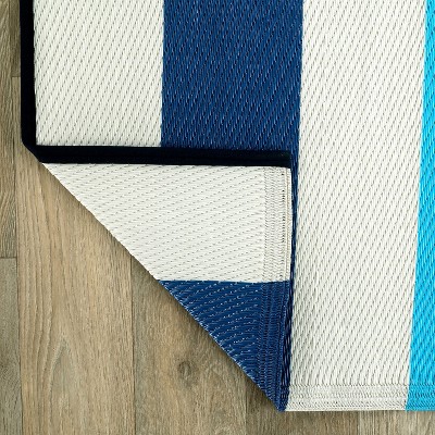Blue and White Stripe Synthetic Reversible Outdoor Rug 5' x 7'