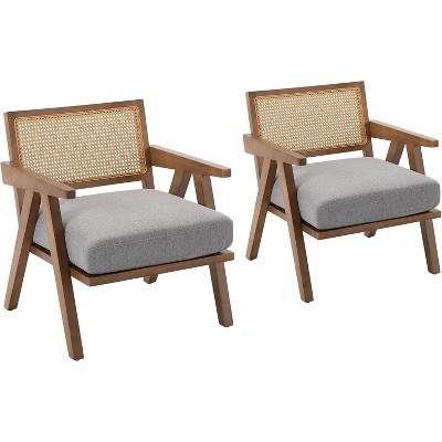 Mid-Century Farmhouse Accent Chair - Wood Armchair with Rattan Backrest & Removable Linen Cushion for Living Room, Gray, Bedroom 2-Pack