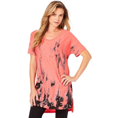 Roaman's Women's Plus Size Printed Slub Tunic - 34/36, Sunset Coral ...