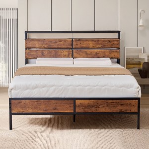 VECELO Full/Queen/King Size Bed Frame, Metal Platform Bed with Wooden Headboard & Charging Station, Sturdy Steel Slats Support, Brown - 1 of 4