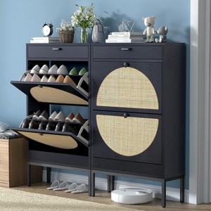 Natural Rattan Shoe Cabinet with 4 Flip Doors and 1 Drawer, Freestanding Shoe Rack Storage Cabinet for Slippers, Sneakers, Heels | Holds 24 Pairs - 1 of 4
