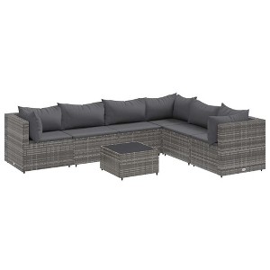 vidaXL 7 Piece Patio Lounge Set - Gray PE Rattan Outdoor Furniture with Cushions & Tempered Glass Table - for Patio, Garden, Terrace, Backyard - 1 of 4