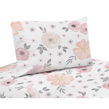 3pc Watercolor Floral Twin Kids' Sheet Set Pink and Gray - Sweet Jojo Designs