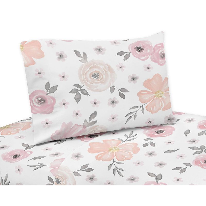 4pc Watercolor Floral Queen Kids&#39; Sheet Set Pink and Gray - Sweet Jojo Designs, 1 of 5