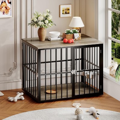 43" Heavy-Duty Indoor Dog Cage - Wooden furniture style with 2 doors, adjustable bowls, doubles as end table.