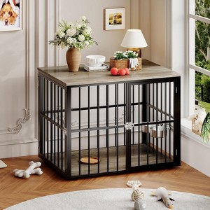 43" Heavy-Duty Indoor Dog Cage - Wooden furniture style with 2 doors, adjustable bowls, doubles as end table. - 1 of 4