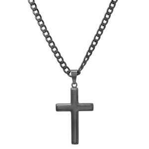 Steeltime 24" Men's black ip stainless steel plain flat cross pendant - 1 of 4