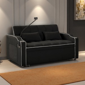 54" Velvet Foldable Adjustable Back Sofa Bed with USB & Phone Stand - 1 of 4