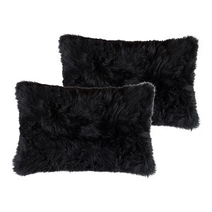 HomeRoots Set of Two 12" X 20" Black Sheepskin Lumbar Throw Pillows - 1 of 4