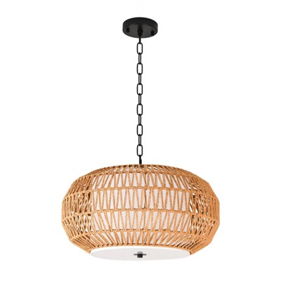 PAKOKULA Farmhouse 3-Light Black Chandelier with Yellow Cage Woven Rattan and White Drum Fabric Shade