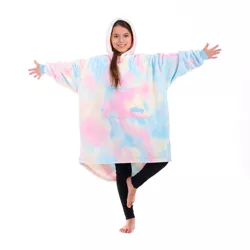 THE COMFY Dream Jr Kids Oversized Microfiber Wearable Blanket w/Plush Hood, Large Pocket, & Ribbed Sleeve Cuffs, 1 Size Fits All, Cotton Candy Tie Dye