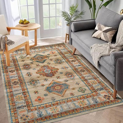 Acekool Boho Vintage Medallion Area Rug Collection, Washable Foldable Low Pile Non Slip Chenille TPR Backing, Red Blue Beige Gray