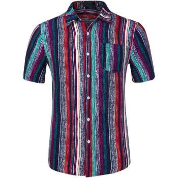 Lars Amadeus Men's Button Down Short Sleeve Casual Vertical Multicolor Shirt