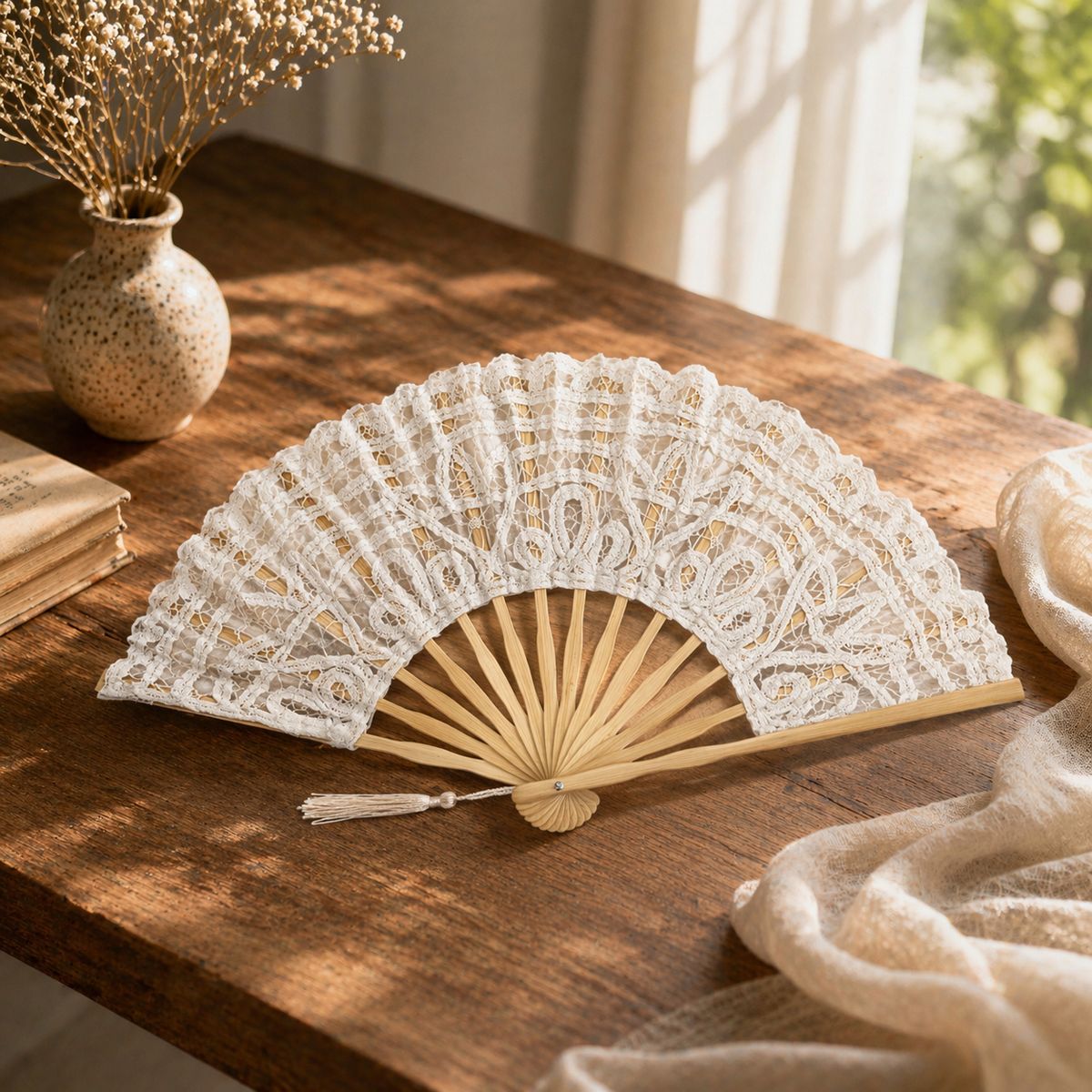 Saro Lifestyle Battenberg Lace Folding Hand Fan - Decorative Cotton Fan with Tassel, Elegant Accessory for Events, Travel and Everyday Use - thumbnail 9