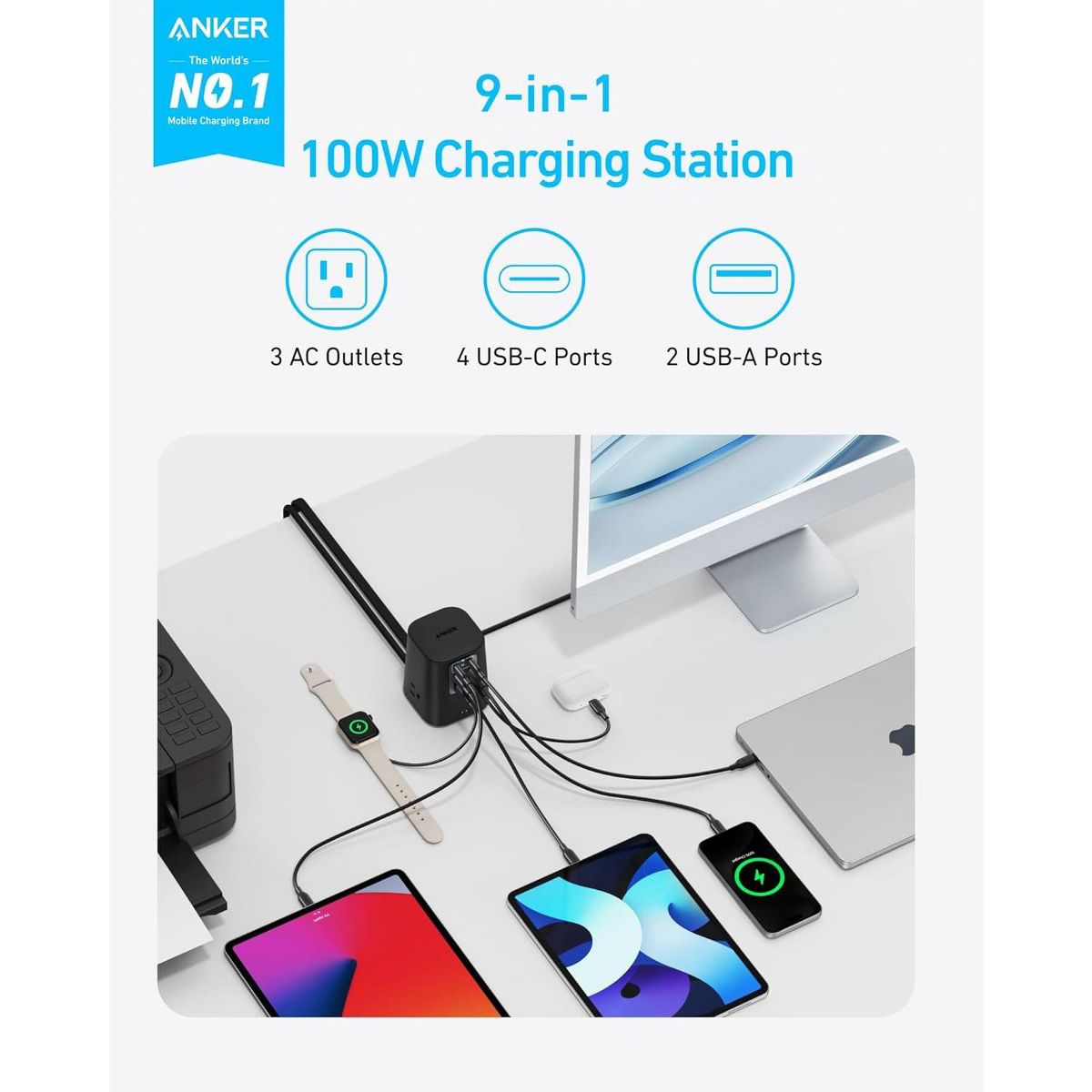 Anker Desktop Charger, 9-in-1 Power Strip with 300J Surge Protector - thumbnail 2