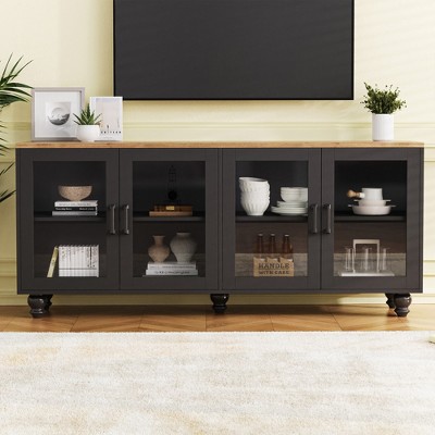 VYNXARIA Farmhouse TV Stand with Tempered Glass Doors for TVs Up to 70",Versatile Sideboard with Adjustable Shelves,Black
