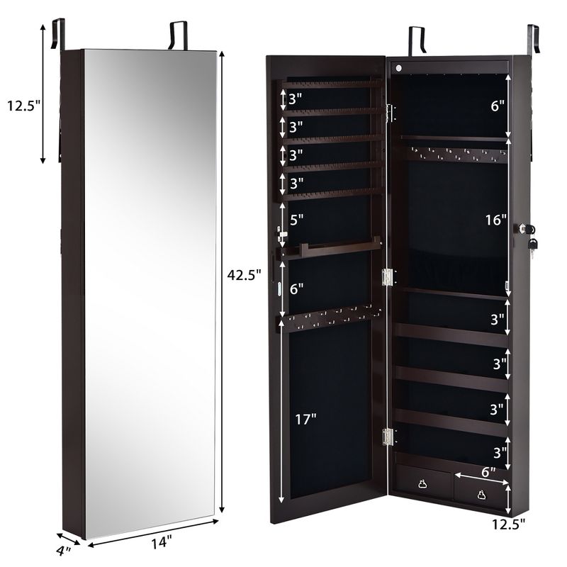 Wall/Door Mounted Jewelry Cabinet Full Screen Mirror Armoire Organizer w/ 6 LEDs, 3 of 11