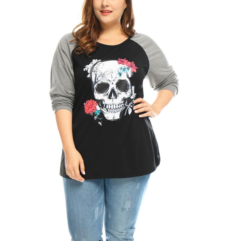 Agnes Orinda Women's Plus Size Floral Skull Contrast Color Raglan T-shirt, 1 of 6