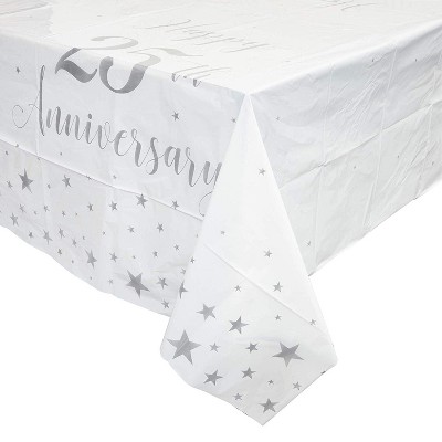 Blue Panda 25th Anniversary Rectangular Disposable Plastic Table Cover Tablecloth, 54 x 108 Inches