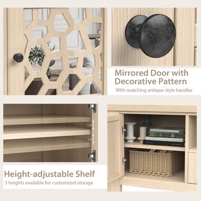 Natural Wood 55" TV Stand with Mirrored Cabinet Doors