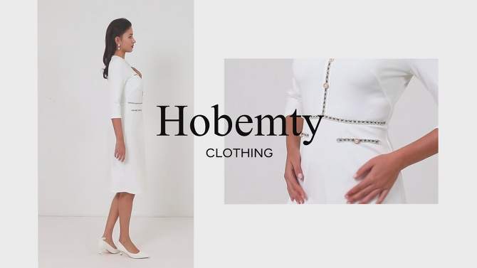 Hobemty Women's Elegant Office 3/4 Sleeve Tweed Trim Round Neck A-Line Dress, 2 of 6, play video