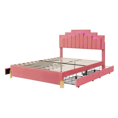 Queen Size Upholstered Platform Bed With Led Lights And 4 Drawers ...