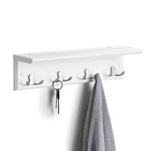 Entryway Hanging Coat Rack, Wall-Mounted Wooden Shelf, with 4 Double Hooks, Wall Floating Shelf, White - 1 of 4