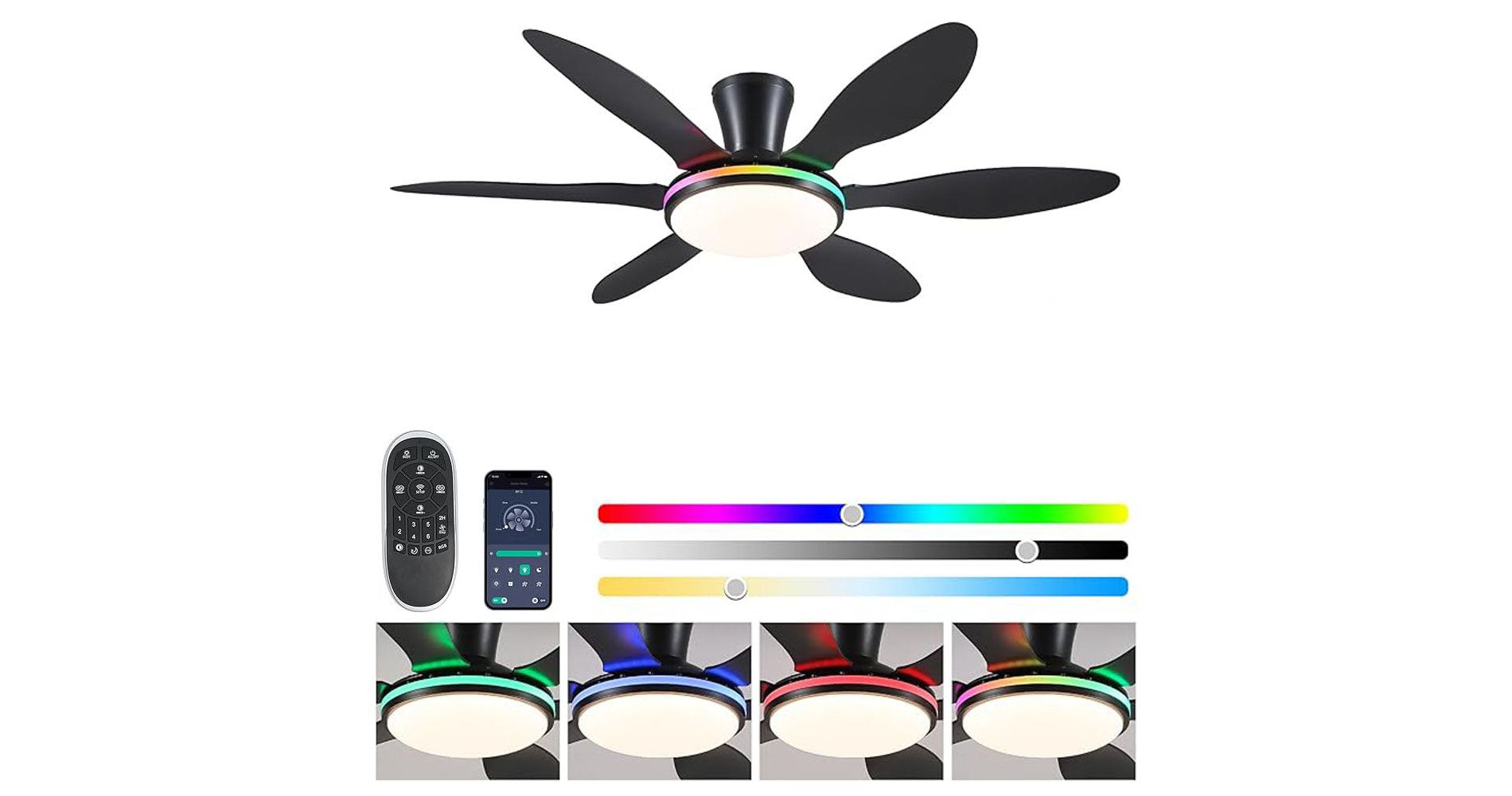 51 Inches Flush Mount Ceiling Fan RGB LED Light Remote and APP Control