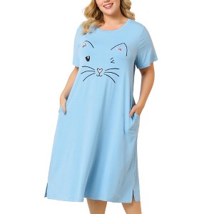 Agnes Orinda Women's Plus Size Soft Knit Cute Cat Print Short Sleeve Split Hem Pockets Midi Sleep Shirts Nightgowns - 1 of 4