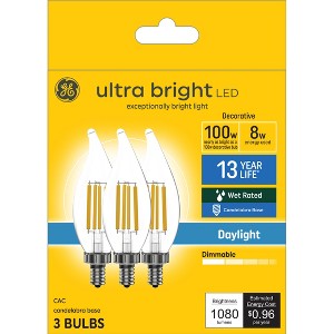 GE 3pk 100W Decorative Ultra Bright LED Bulb Daylight: Brightest Edison Candelabra, Dimmable, 1080 Lumens, 5000K - 1 of 4