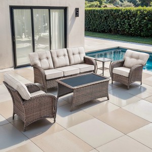 Belord 5 Piece Patio Furniture Set, All Weather Brown Wicker Outdoor Patio Furniture Set Patio Sofa Set with Club Lounge Chair and Coffee Table - 1 of 4