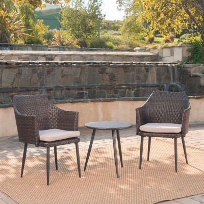 3 Piece Wicker Garden Bistro Set,Outdoor Bistro Table and 2 Rattan Chairs with Iron Frame,2 Seater Wicker Bistro Set for Backyard-Coolbibila