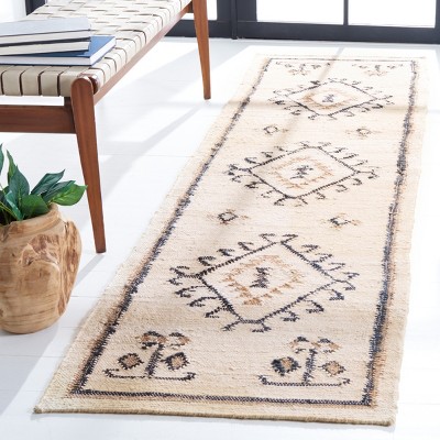Ivory and Black Wool Tribal Runner Rug, 2'3" x 9'