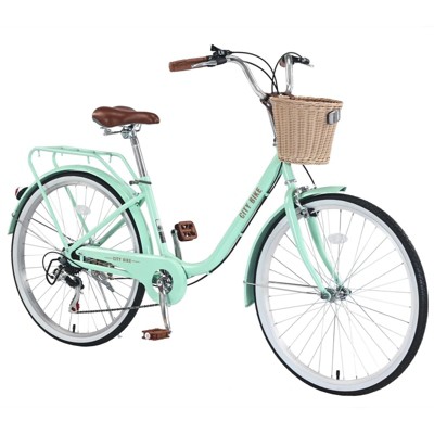 INFURNIC Bicycles 7 Speed City Bike with Basket and Steel Frame for Girls Commuter and Leisure Riding, Green, 66.93"*24.8"*41.34"