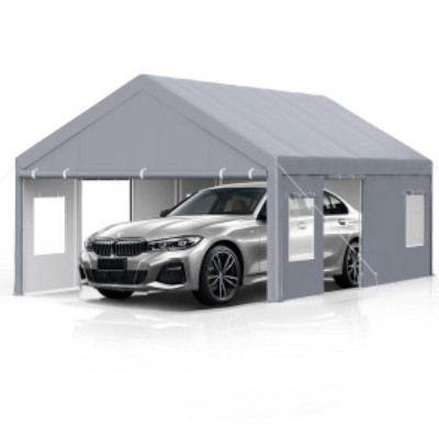 13x25FT Full-Cover Carport with 4 Doors & 4 Windows, All-Weather UV Resistant Garage Shelter for Cars/Trucks - Gray