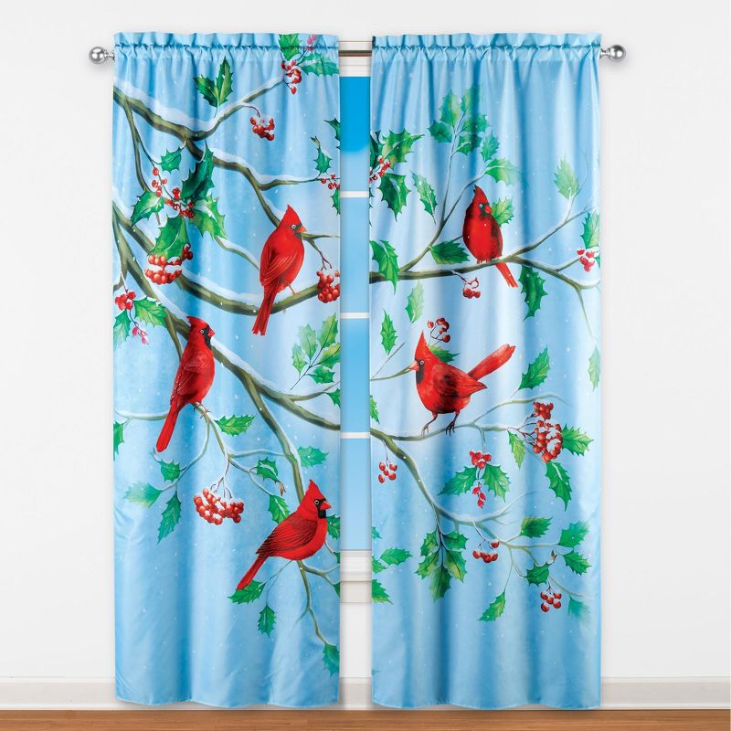 Collections Etc Cardinals On Branch Winter Holly Scenic Curtain Panel Set, 2 of 3