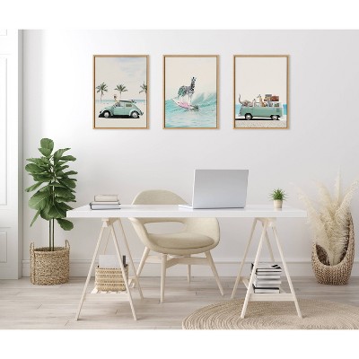 Natural Framed Canvas Print of Zoo Animals on Beach Adventure, 18" x 24"