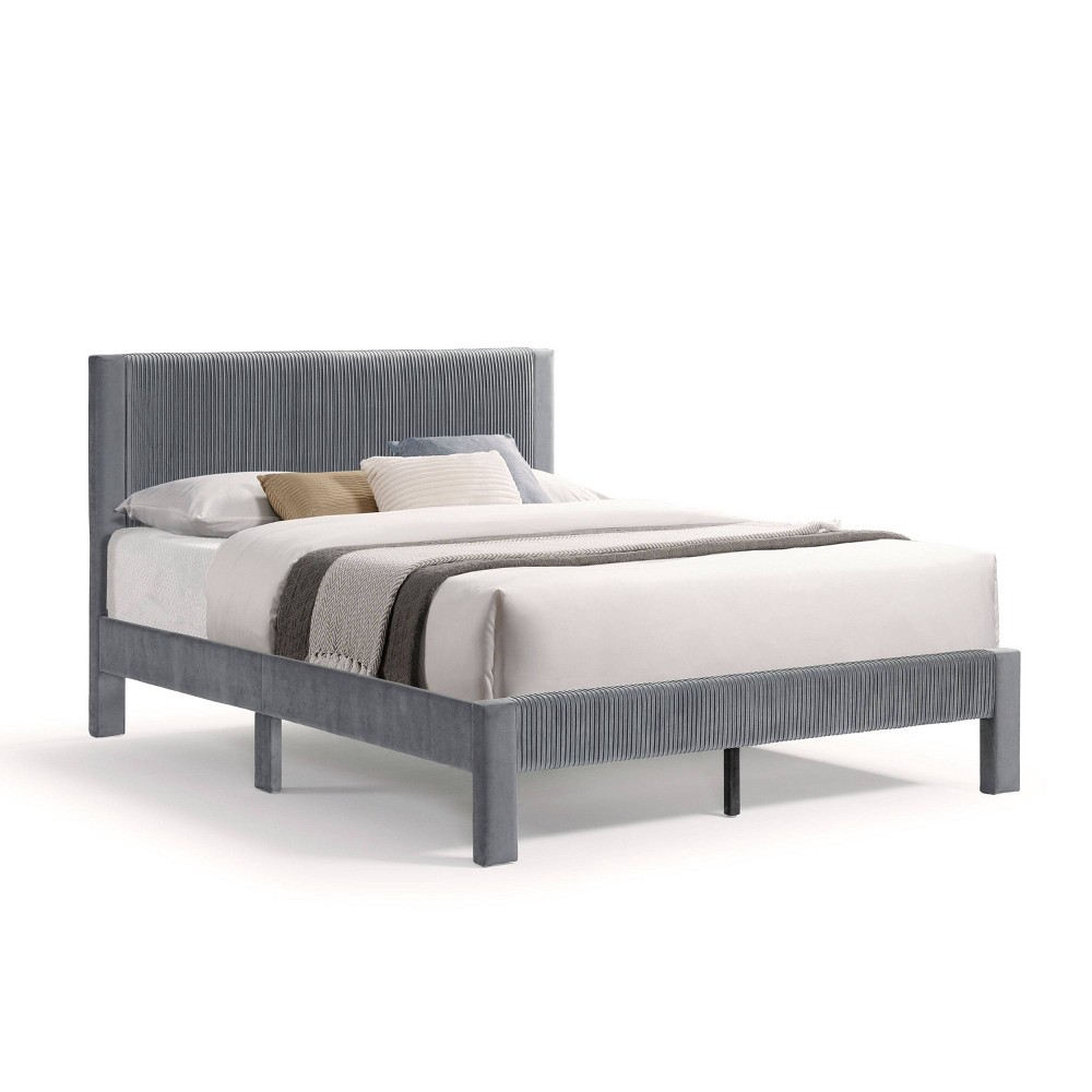 24/7 Shop At Home Queen Cerin Platform Bed Slim Corduroy Upholstered Bed Gray