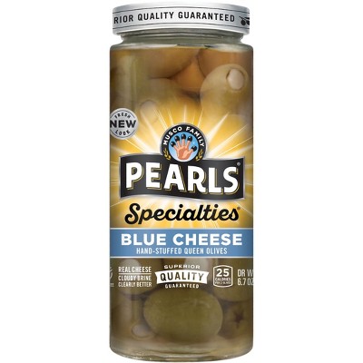 Pearls Specialties Blue Cheese Stuffed Greek Queen Olives 6.7 oz. Jar. (Pack of 2)